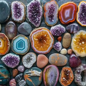 May include: A collection of polished gemstones and crystals, including amethyst, agate, and quartz, in a variety of shapes and colours. The gemstones are arranged on a dark surface, highlighting their natural beauty and intricate patterns.