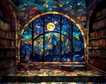 Stained Glass Night Library Jigsaw Puzzle | Moonlit Mountain Window Art