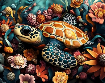 Colorful Sea Turtle Jigsaw Puzzle | Sea Garden Art Print (110-1014 Pieces)