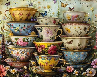 Floral Teacup Garden Jigsaw Puzzle | Cottagecore Vintage China Art