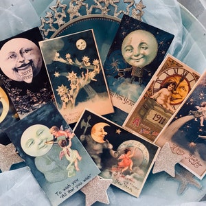 Cartes de vœux vintage pour le Nouvel An sur le thème de la Lune, lot de 8