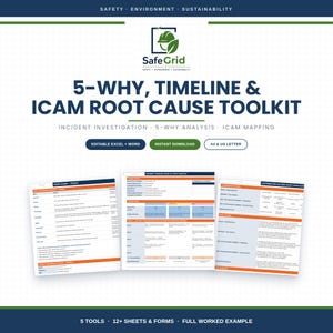 May include: A digital toolkit titled 5-WHY, TIMELINE & ICAM ROOT CAUSE TOOLKIT by SafeGrid. It includes incident investigation templates, 5-why analysis, and ICAM mapping forms in Excel and Word formats, available for A4 and US letter sizes.