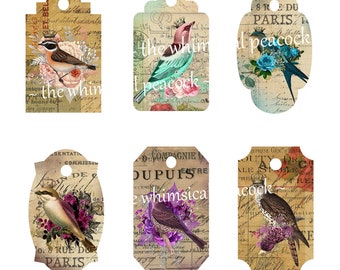 DIGITAL ART Instant Download ~ 12 lg Tags Royal BIRDS Blumen Ephemera v1 viele Formen 3x5in Scrapbook Collage Decoupage Karte Papier Kunst