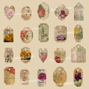 May include: A set of 12 vintage-style printable gift tags featuring floral designs and the text "the whimsical peacock".