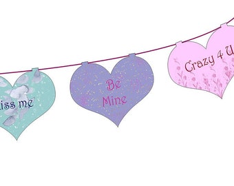 DIGITAL Art Instant Download ~ 9 CONVERSATION HEARTS Pennant/Banner/Bunting Valentine Day Decor Sweethearts with cute sayings Hugs n Kisses