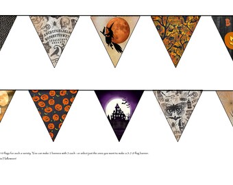 DIGITAL ART Instant Download ~ 10 Pennants Bunting / Banner HALLOWEEN  Cats Ghosts Witches Haunted House Spider w Web Ouija board Home Decor