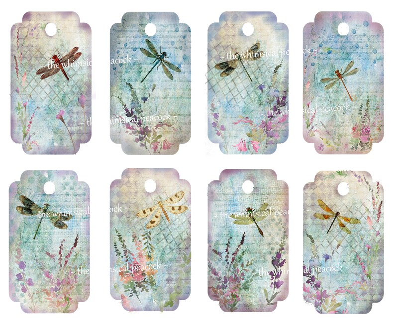 DIGITAL ART Instant Download 8 lg tags Wild flowers & Dragonflies Blues v1 Journaling Scrapbook Collage Ephemera Notebooks Card Paper Arts image 1