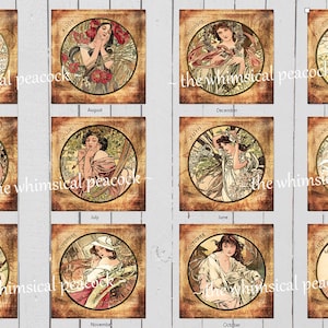 IMPRIMÍVEIS Download instantâneo ~ 12 Art Nouveau Ladies 1 para cada mês do ano Francês Junk Journal Scrapbook Calendário Notebooks Cartões Papel