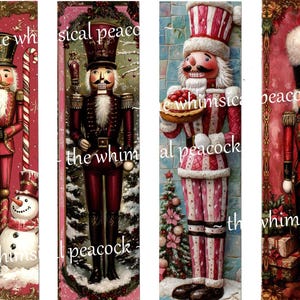 Puede incluir: Cuatro marcapáginas con temática navideña con ilustraciones de soldados cascanueces. Cada marcapáginas tiene un diseño diferente, con el texto "the whimsical peacock". Los cascanueces están en varias poses, con esquemas de color rojo y blanco.