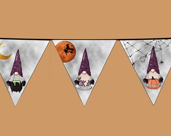 DIGITAL ART Instant Download~ 5-7 Pennants for Bunting/Banner HALLOWEEN Gnomes! Spooky Cute w witches moons cats and brooms Halloween Decor!