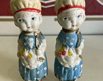 Two vintage Frozen Charlottes - Kate Greenaway girls - made in Japan
