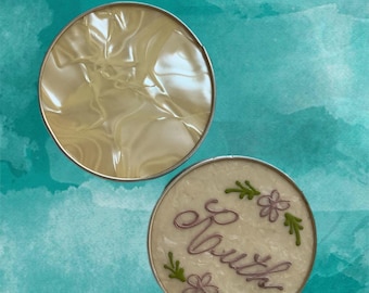 Two vintage travel compact size folding mirrors - one signed Ruth