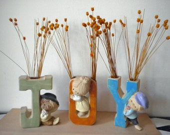 UCTCI Japan vintage straw flowers vases spelling JOY