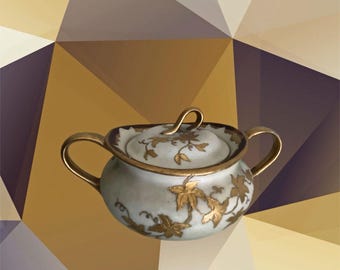 Vintage unsigned sugar bowl with lid - embossed gold leaves and tendrils design
