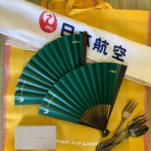 Japan Air Lines (JAL) souvenirs - silverplate flatware, folding shopping bag, tenugui,