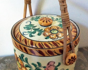 S A L E     Ceramic biscuit barrel made in Japan - bamboo handle