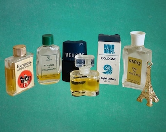 6 mini frascos de perfume vintage: White Linen, Zizanie, Paris, English Leather, Ronzon After Shave, Versace Versus