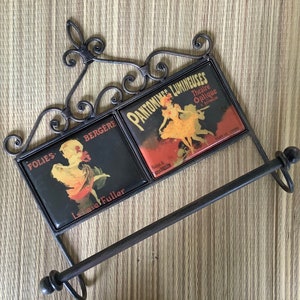 Vintage iron rack with tiles of Jules Cheret posters - La Loie Fuller/Folies Bergere & Pantomimes Lumineuses Theatre Optique