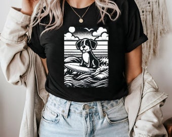 Cool Dog Surfing T-Shirt - Black and White Graphic Tee - Beach Lover Gift - Surfing Dog Art Shirt - Summer Vibes Casual Wear