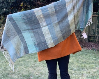 Large blue green wrap, shawl, camp fire wrap, handwoven and handspun