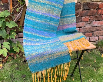 Merino scarf, handwoven using handspun teal and olive green yarn and mustard cotton warp