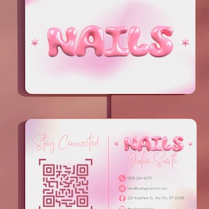 de Carte de visite rose pour ongles | Téléchargement numérique modifiable avec code QR | Carte de visite Nail Tech | PDF imprimable DIY pour les professionnels du salon