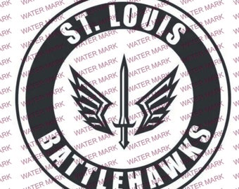 Puede incluir: Logotipo en blanco y negro con un círculo que contiene el texto "ST. LOUIS BATTLEHAWKS" y una espada con alas dentro del círculo.
