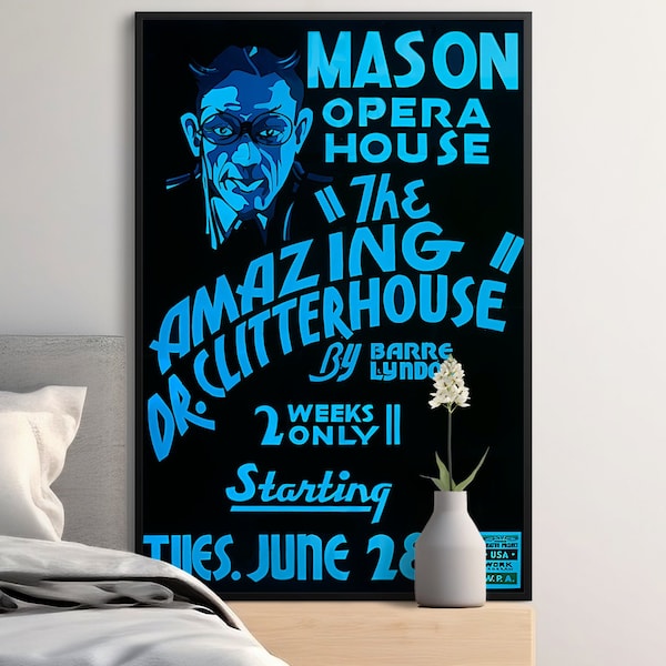 Vintage Mason Opera House Poster, The Amazing Dr. Clitterhouse, Digital Download, Art Deco Style Blue Poster