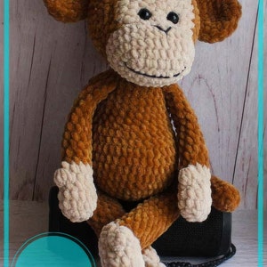Pluszowy aksamit, miękki, brązowy małpa Amigurumi PDF wzór szydełkowy, instrukcje rzemiosła DIY, zabawki ręcznie robione