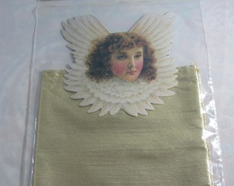 Set of 2 Vintage Holiday Angel Die Cut Gold Lame Candy Bags Old Print Factory 1980s Gift Bag Candy Bag or Hang on Tree Unopened