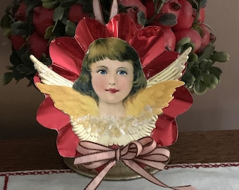 Vintage Red Foil Reflector Ornament with Antique Angel Paper Scrap and Gold Dresdens Handmade Piece