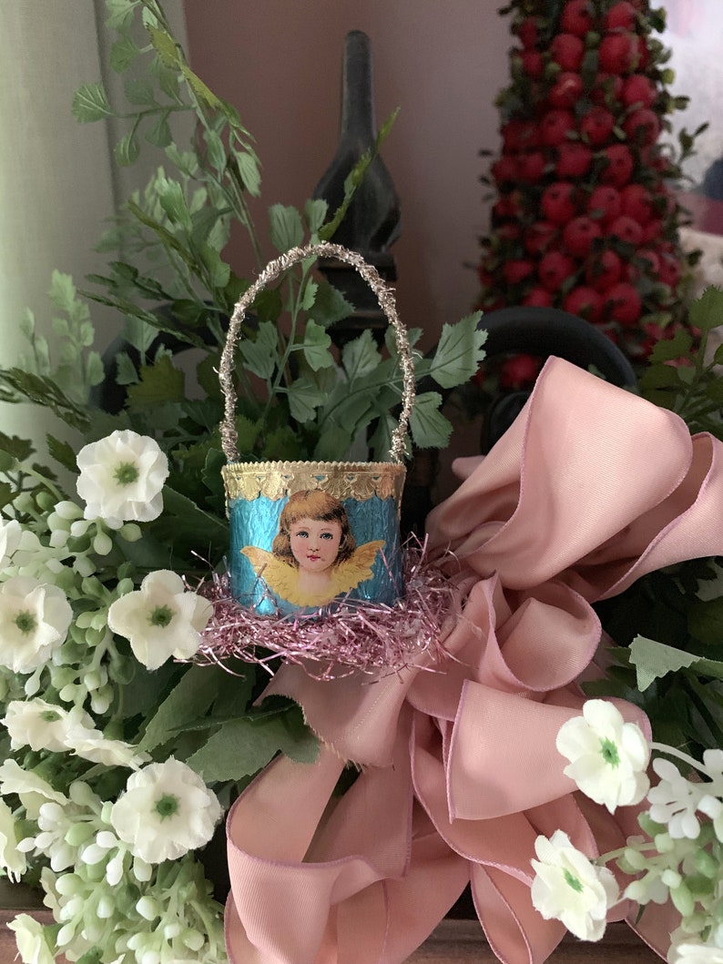 Vintage Handmade Blue Foil Basket Ornament with Antique German Angel Head Paper Scrap and Antique Tinsel Garland