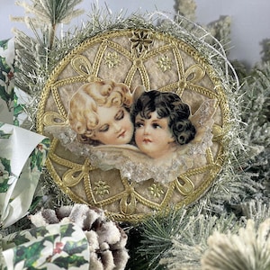 Handmade Antique Style Cotton & Gold/Silver Dresden Medallion Two Sided Ornament w Vintage Angels and Santa Die Cuts Light Green Tinsel OOAK