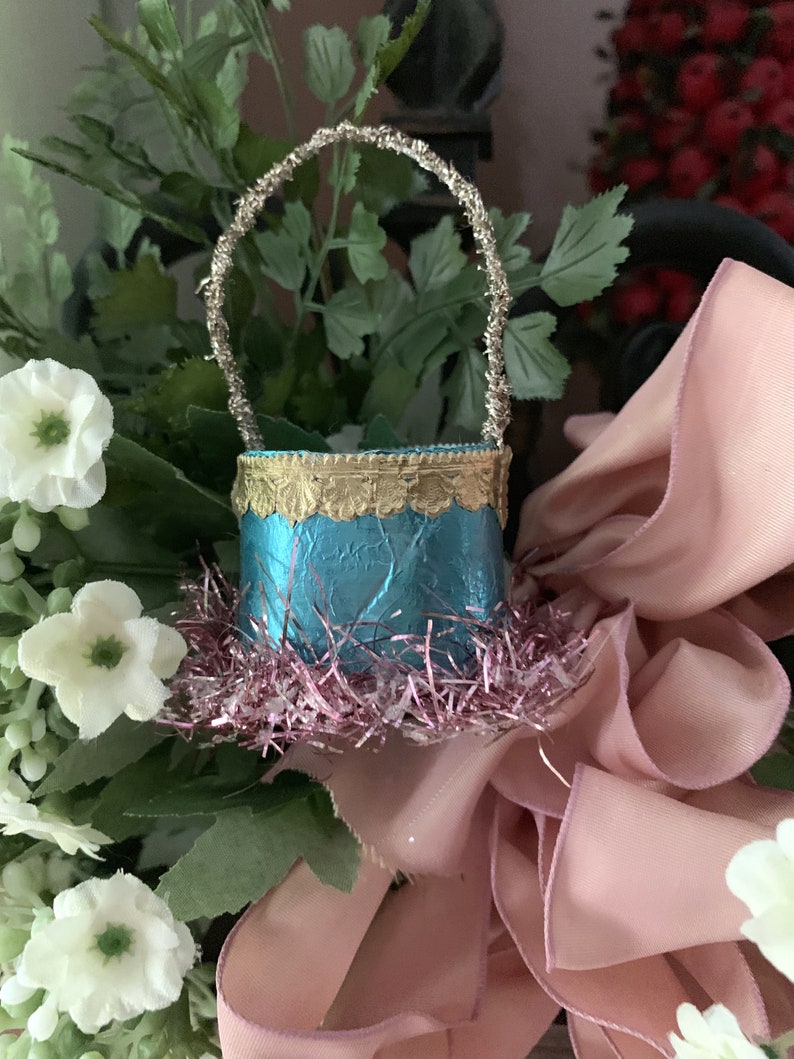 Vintage Handmade Blue Foil Basket Ornament with Antique German Angel Head Paper Scrap and Antique Tinsel Garland