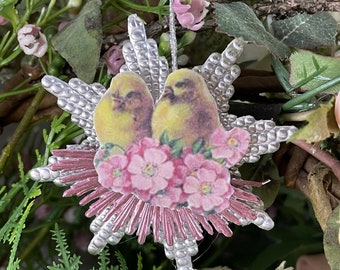 Vintage 3D Silver Medallion Dresden Ornament with Pink Dresden Burst & Yellow Chicks Diecut Handmade Collectible