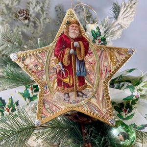Handmade Vintage Style Santa Scrap and Dresdens Pastel Italian Paper Star Ornament Paper Mache Handmade OOAK