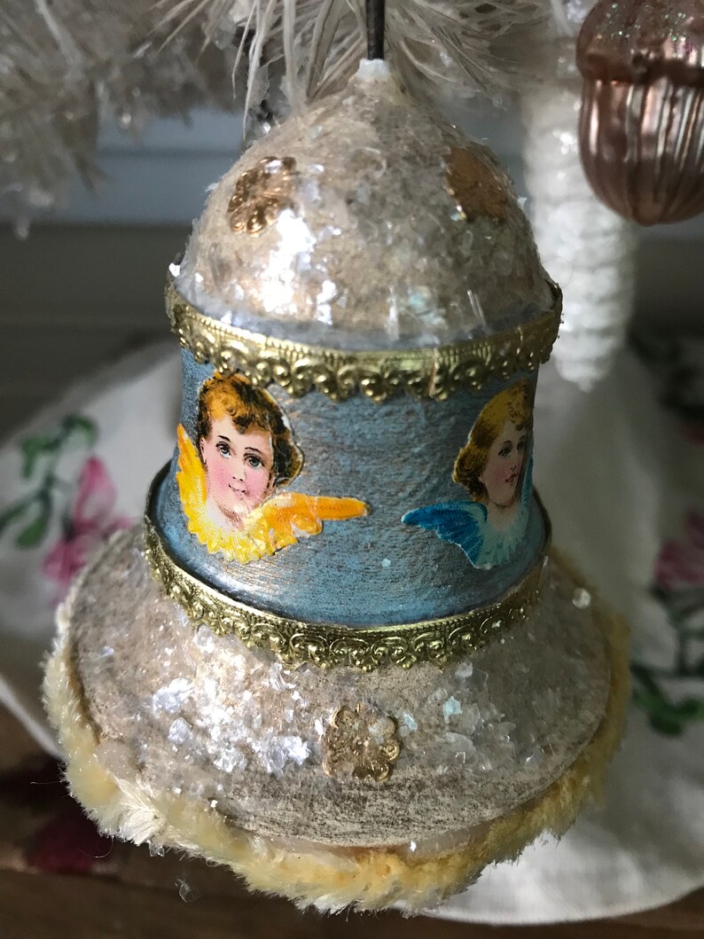 Handmade Vintage Style Spun Cotton Large Bell wAntique Die Cut Angels Gold Dresden Trims and Vintage Mica