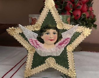 Antique Angel Scrap and Dresden Star Ornament on Embossed Victorian Green Foil Paper Mache