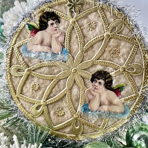 Handmade Antique Style Cotton & Gold/Silver Dresden Medallion Two Sided Ornament w Vintage Santa and Raphael Angels Silver Tinsel OOAK