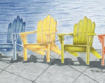 Colored Pencil Art Print "Beach Chairs" Wall Art/Easel Art/Giclee Art Print