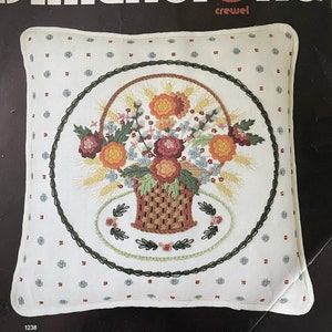 Vintage 1982 Dimensions Crewel Embroidery Kit &quot;American Floral Pillow&quot; No 1238 Partially Done As Is  Nancy Moyer Design Hoop Marks