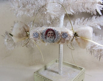 Vintage Style Spun Cotton Old Fashioned Candy Ornament with Dresdens and Antique Santa Scrap