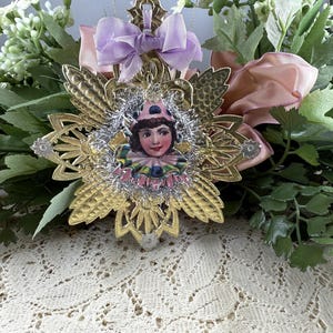 Vintage 3D Style Gold Medallion Dresden Ornament with Victorian Clown Die Cut Pink Dresden Handmade Holiday Collectible