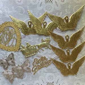 Lot of Mixed Vintage Gold Paper Dresden Pieces Butterfly Heart Angel Wings Easter Greeting Santa Sleigh from Germany Mint 12 Pieces
