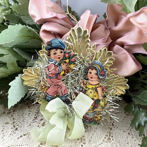 Vintage 3D Style Gold Medallion Dresden Ornament with Antique Easter Kids Die Cuts Handmade Holiday Or Easter Collectible