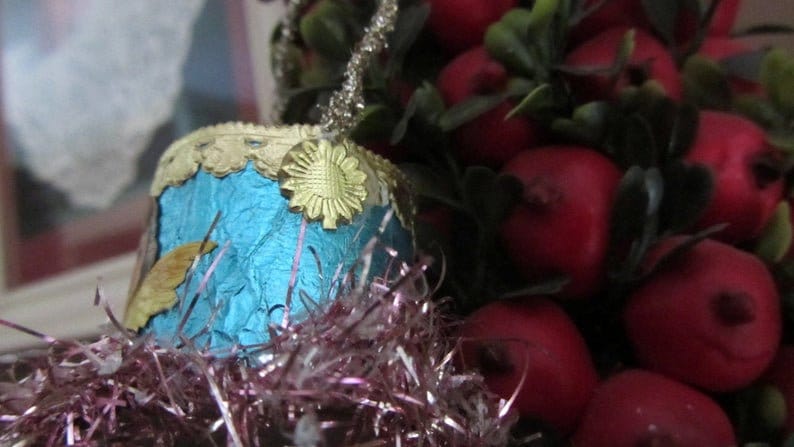 Vintage Handmade Blue Foil Basket Ornament with Antique German Angel Head Paper Scrap and Antique Tinsel Garland