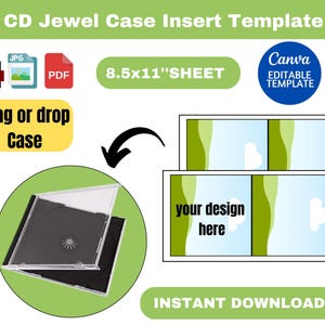 Może przedstawiać: Drukowany szablon wkładki do pudełka na płytę CD. Szablon ma rozmiar 8,5 na 11 cali i zawiera projekt w kolorach zielonym, niebieskim i białym. Tekst "twój projekt tutaj" jest zawarty w szablonie.