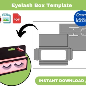 May include: A printable template for an eyelash box. The template is designed to be used with Canva and includes a window to display the eyelashes. The template is available for instant download in JPG, PNG, and PDF formats.