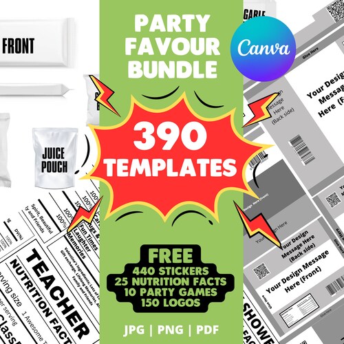 Paquete de más de 390 plantillas para regalos de fiesta, plantillas para bolsas de papas fritas, regalos de fiesta, plantillas para barras de chocolate, etiquetas para botellas de agua, envoltorios para barras de caramelo y latas de refresco.