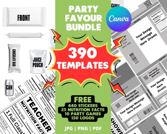 390+ Party favor template Bundle, Chip bag template, Party Favors, Chocolate Bar Template, Water Bottle Labels, Candy bar wrapper, Soda Can